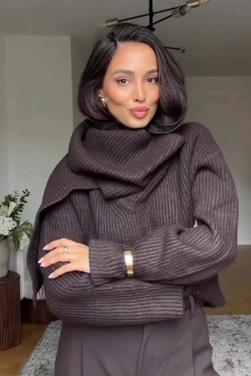 Oversized chocolate brown chunky rib knit sweater with a wide draping cowl collar