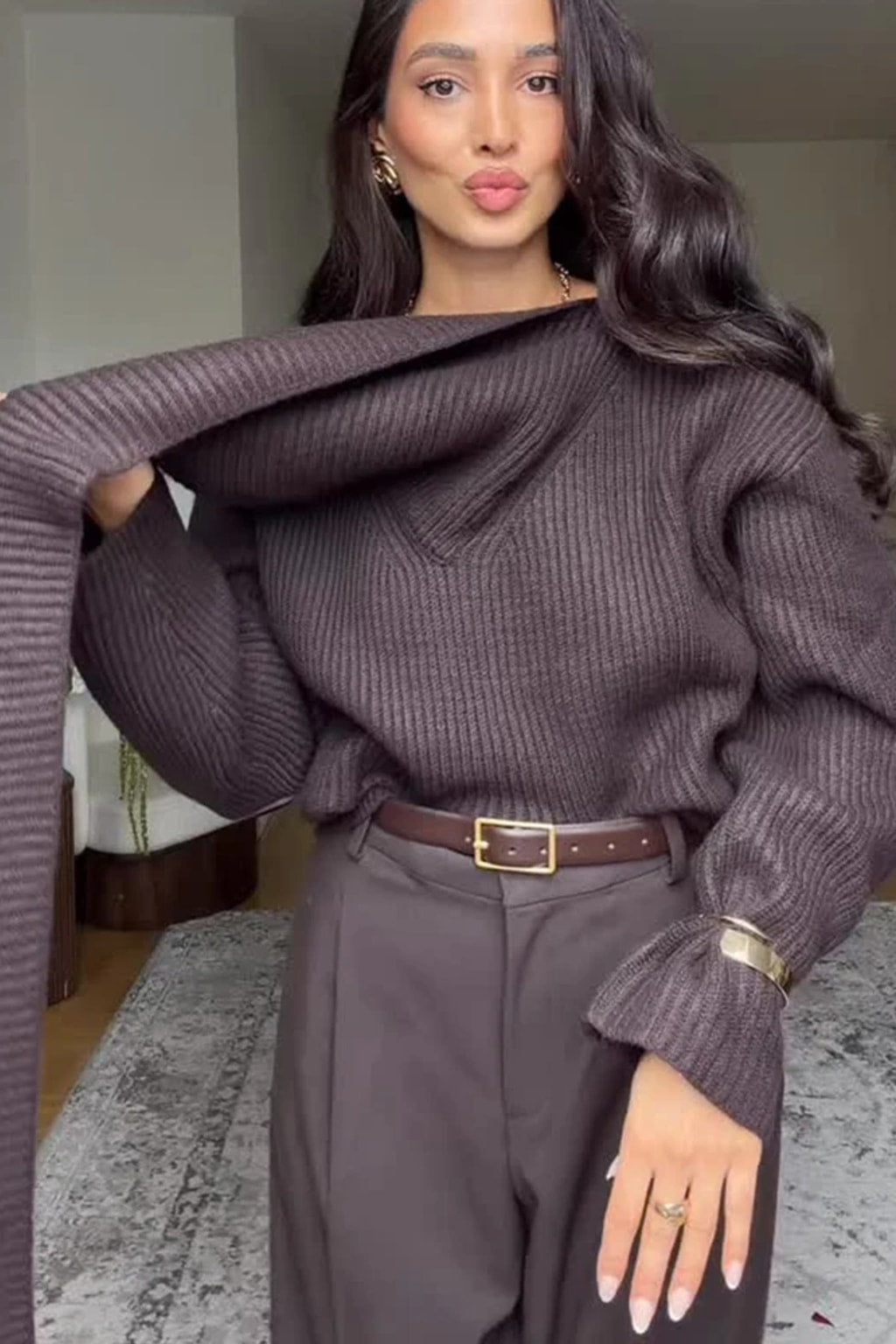 Oversized chocolate brown chunky rib knit sweater with a wide draping cowl collar