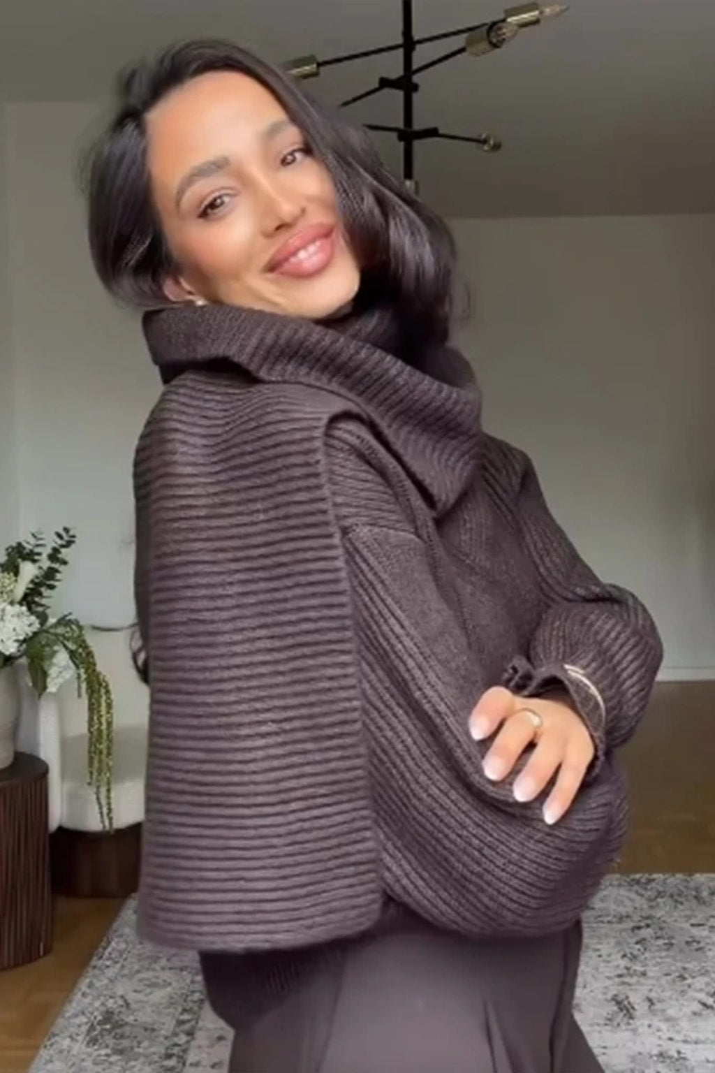 Oversized chocolate brown chunky rib knit sweater with a wide draping cowl collar