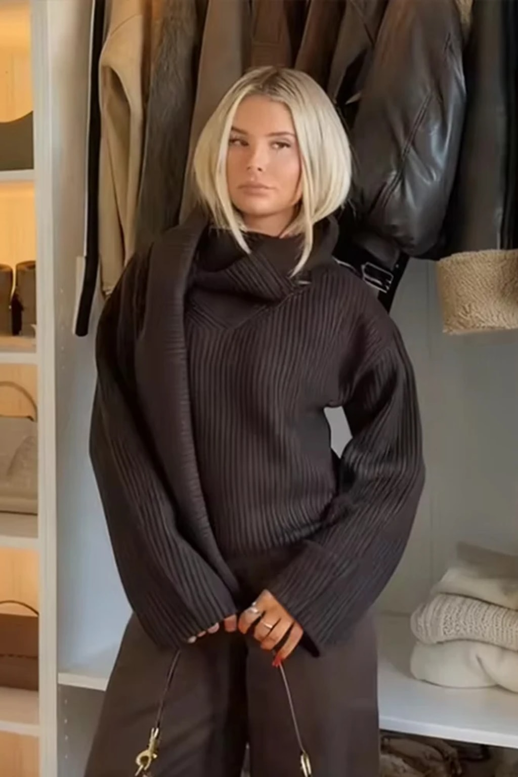 Oversized chocolate brown chunky rib knit sweater with a wide draping cowl collar