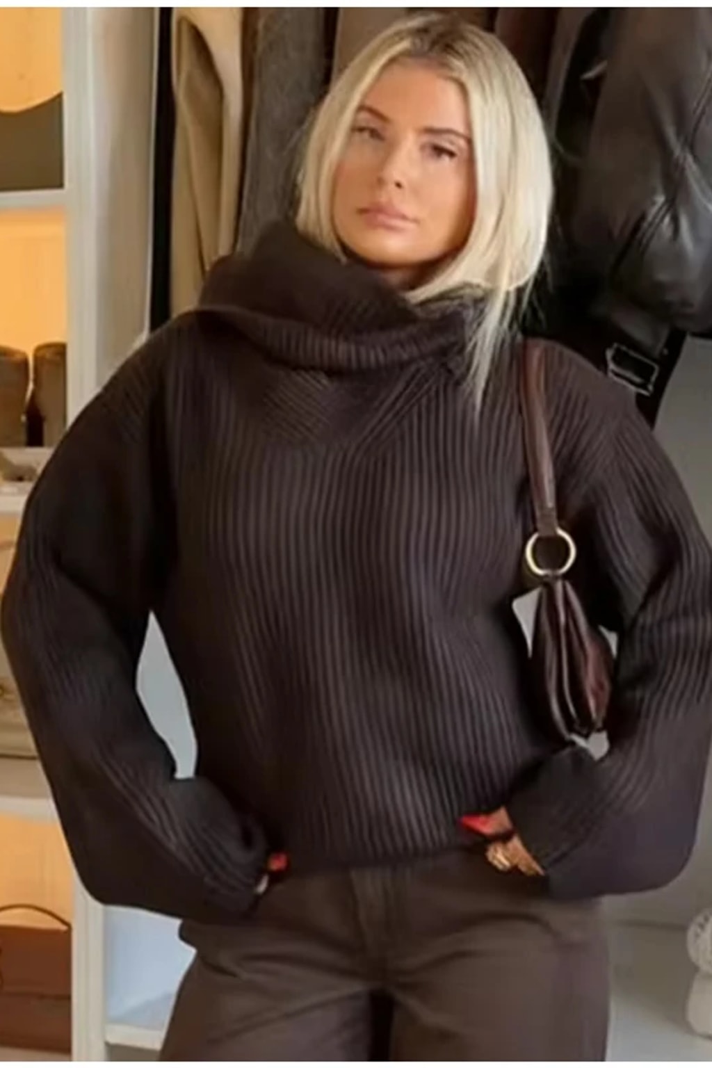 Oversized chocolate brown chunky rib knit sweater with a wide draping cowl collar