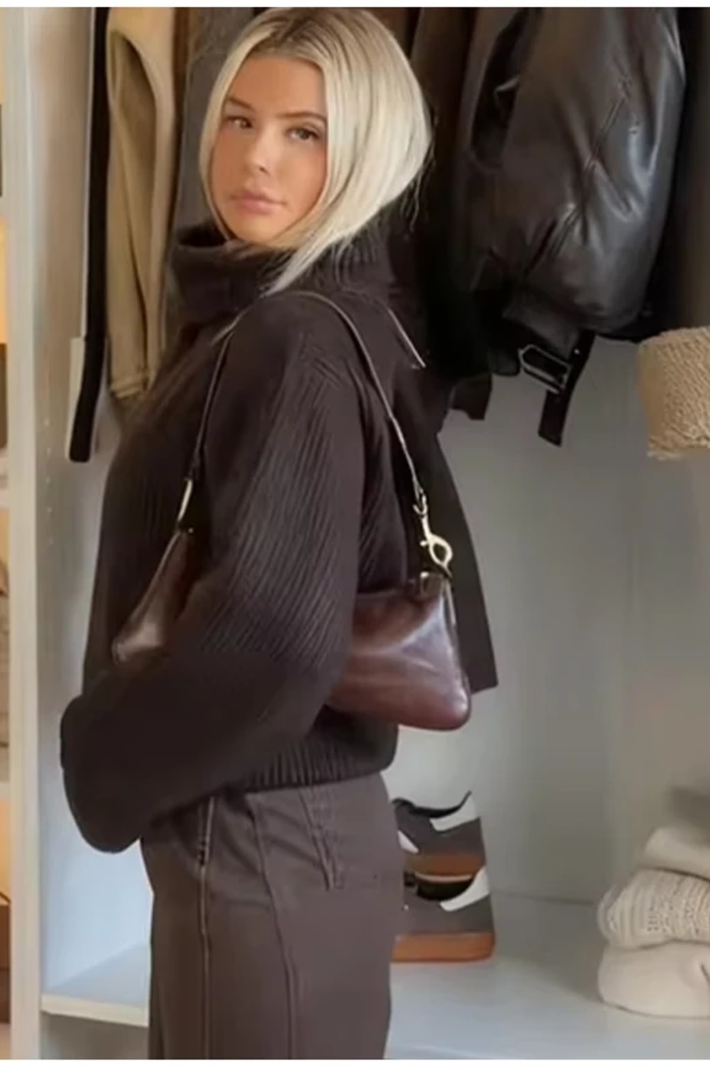 Oversized chocolate brown chunky rib knit sweater with a wide draping cowl collar