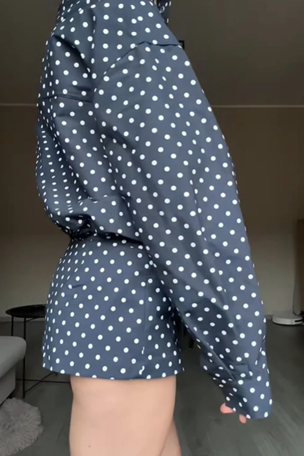 Polka dot two piece set of a long sleeve jacket and matching shorts