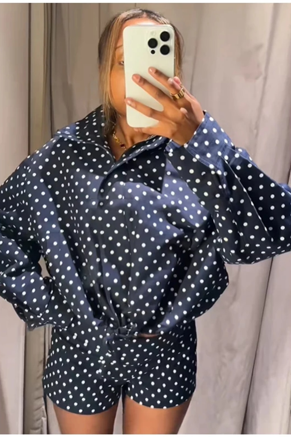 Navy polka dot oversized hooded zip jacket with drawstring hem and matching drawstring shorts