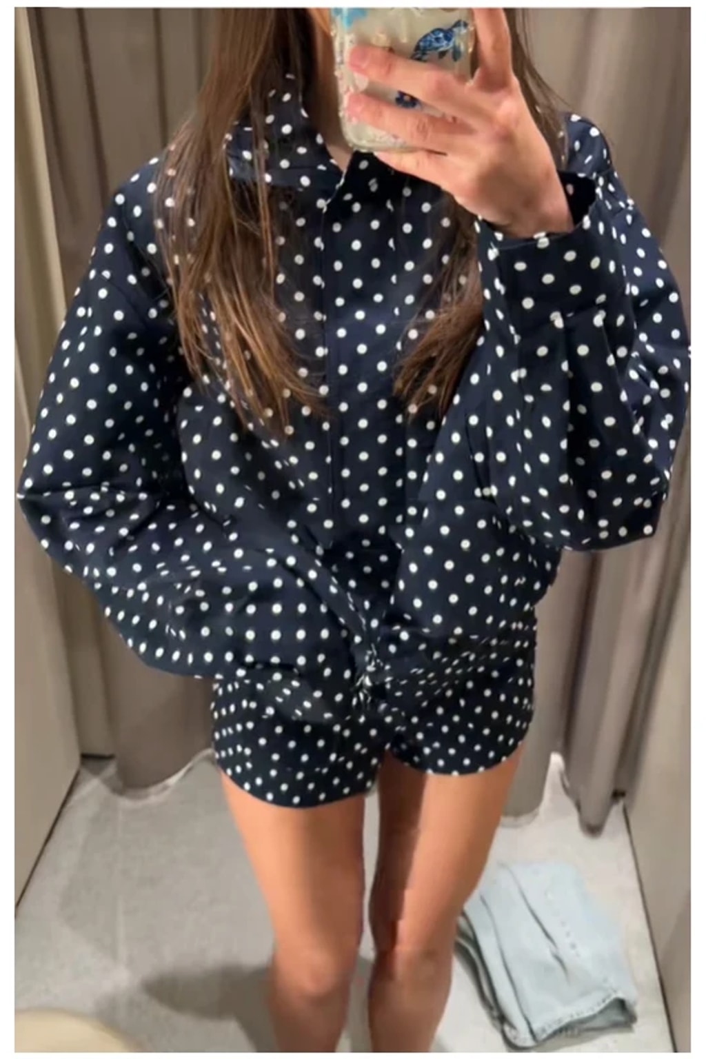 Navy polka dot oversized hooded zip jacket with drawstring hem and matching drawstring shorts